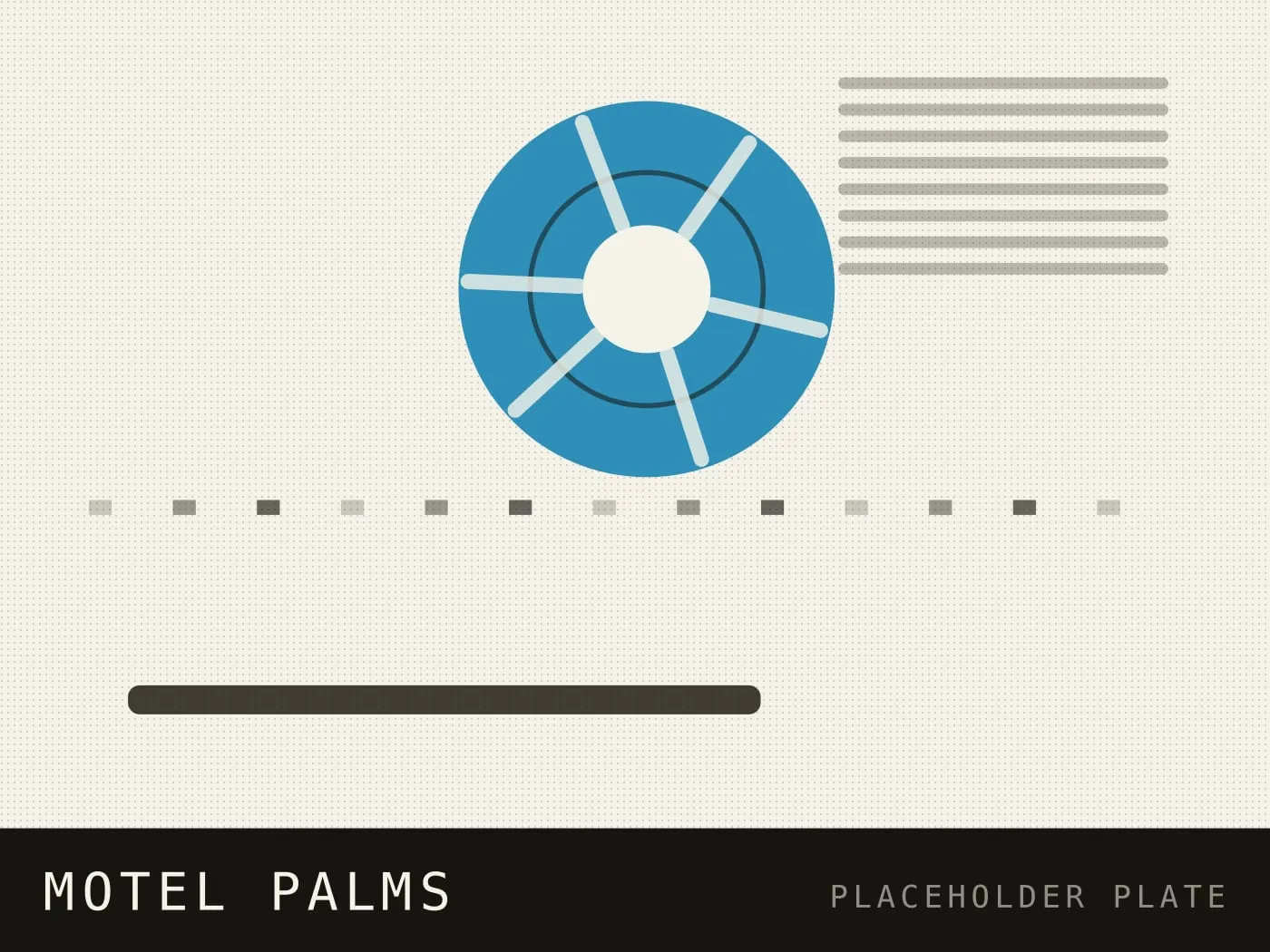 Placeholder plate for MOTEL PALMS — a machine panel with a blue reel and a punch-card row.